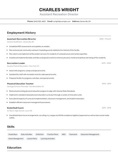 Assistant Recreation Director Resume