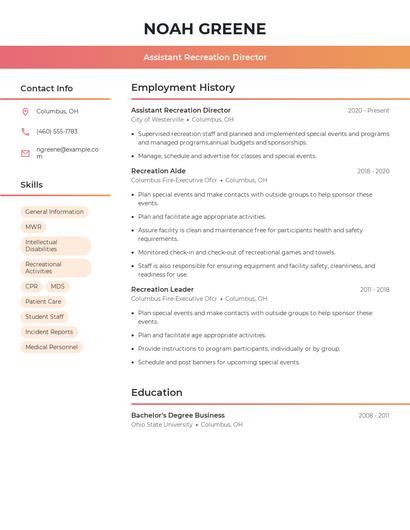Assistant Recreation Director Resume