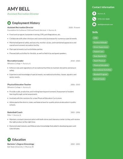 Assistant Recreation Director Resume