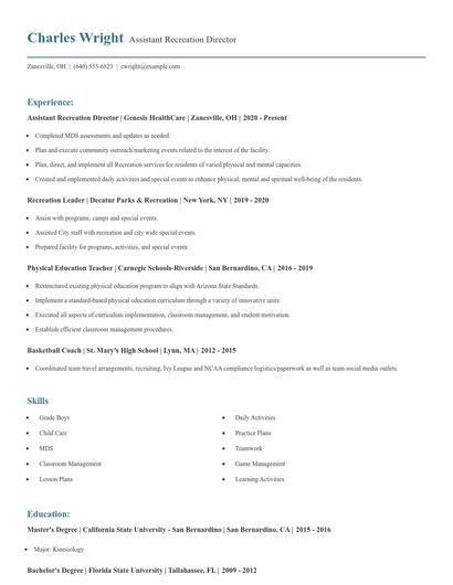 Assistant Recreation Director Resume