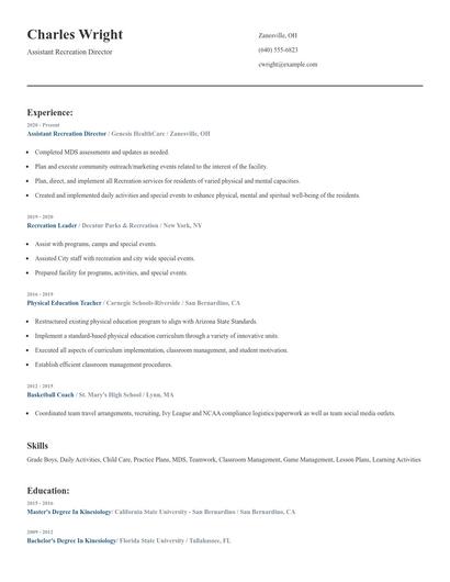 Assistant Recreation Director Resume