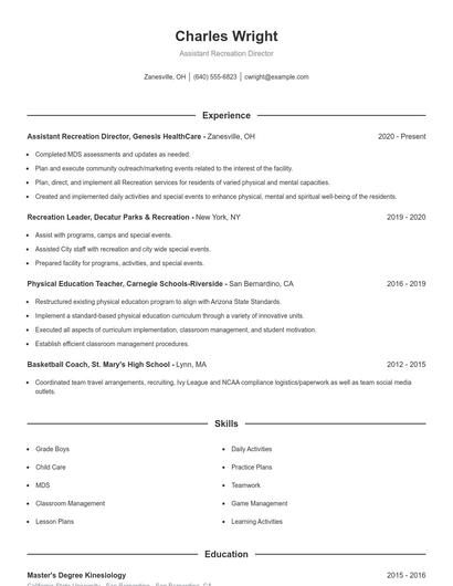 Assistant Recreation Director Resume
