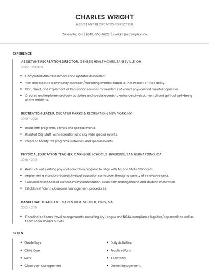 Assistant Recreation Director Resume
