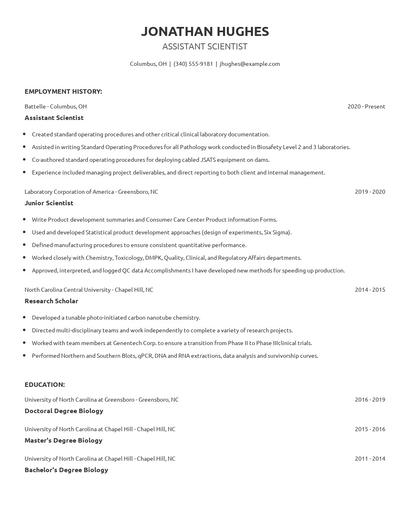 Assistant Scientist Resume
