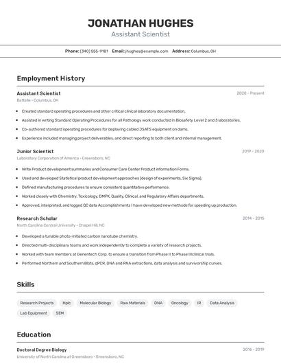 Assistant Scientist Resume