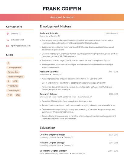 Assistant Scientist Resume