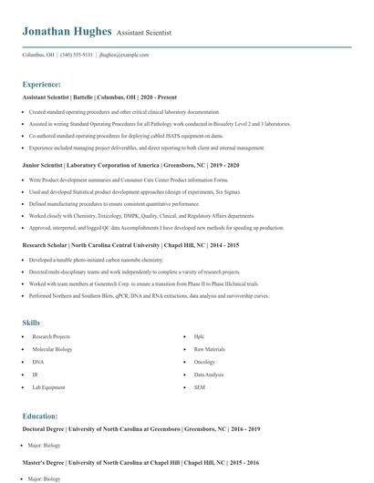 Assistant Scientist Resume
