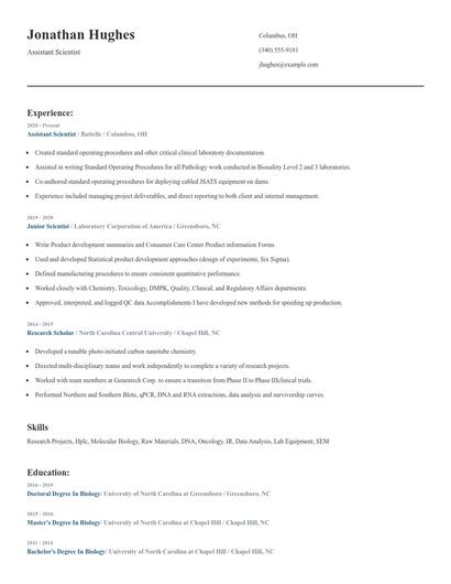 Assistant Scientist Resume