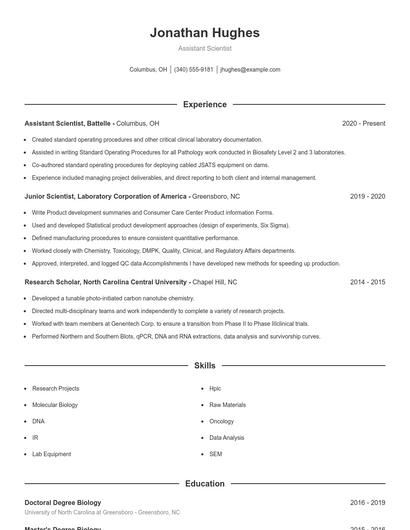 Assistant Scientist Resume