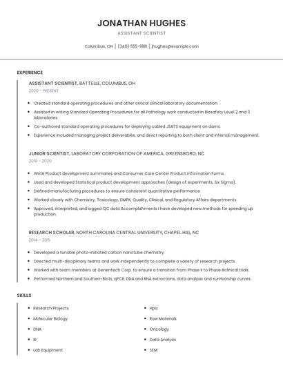 Assistant Scientist Resume