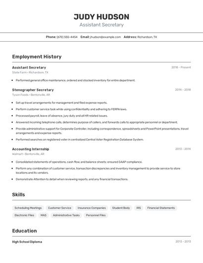 Assistant Secretary Resume