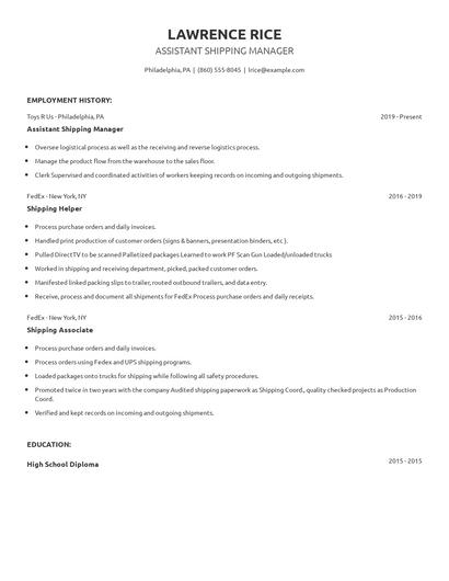 Assistant Shipping Manager Resume