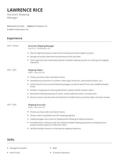 Assistant Shipping Manager Resume