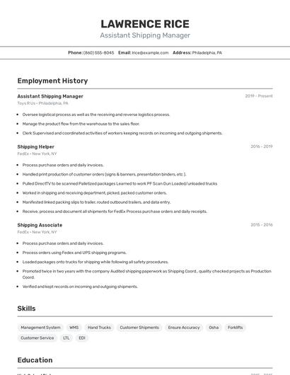 Assistant Shipping Manager Resume