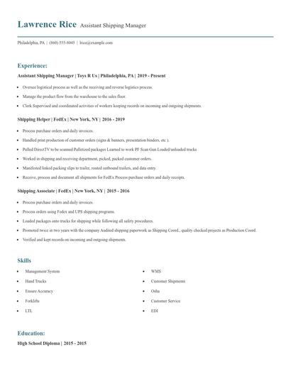 Assistant Shipping Manager Resume