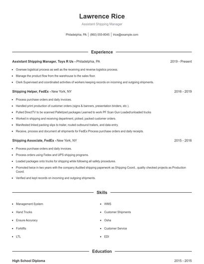 Assistant Shipping Manager Resume