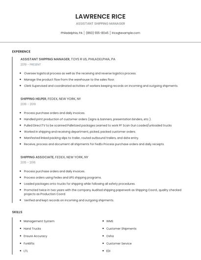 Assistant Shipping Manager Resume