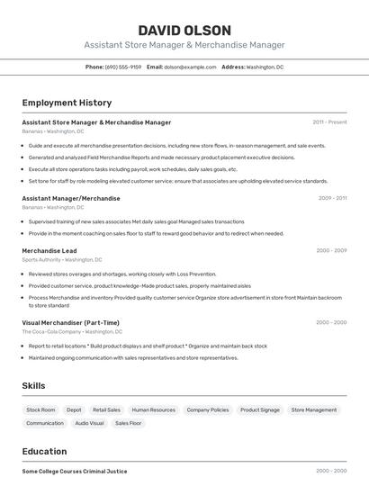 Assistant Store Manager & Merchandise Manager Resume
