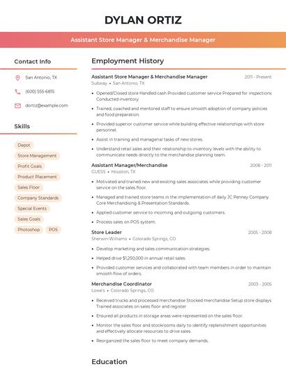 Assistant Store Manager & Merchandise Manager Resume