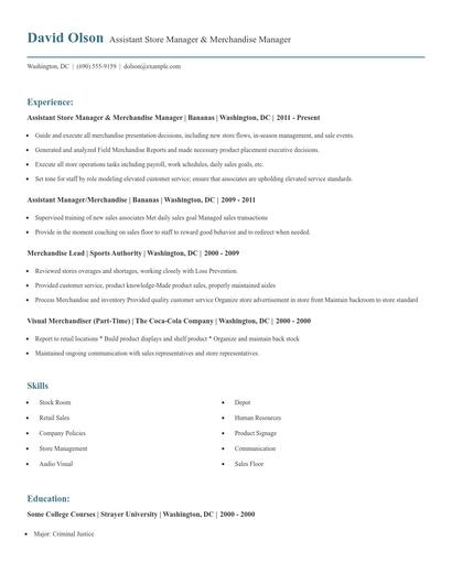Assistant Store Manager & Merchandise Manager Resume
