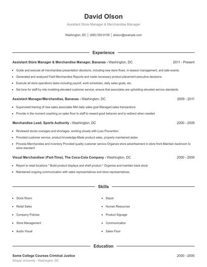 Assistant Store Manager & Merchandise Manager Resume