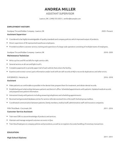 Assistant Supervisor Resume