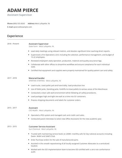 Assistant Supervisor Resume