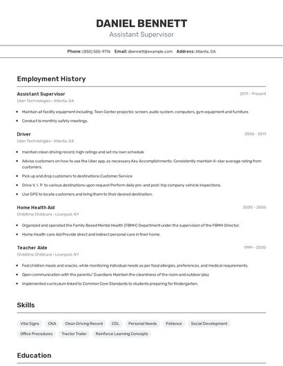 Assistant Supervisor Resume