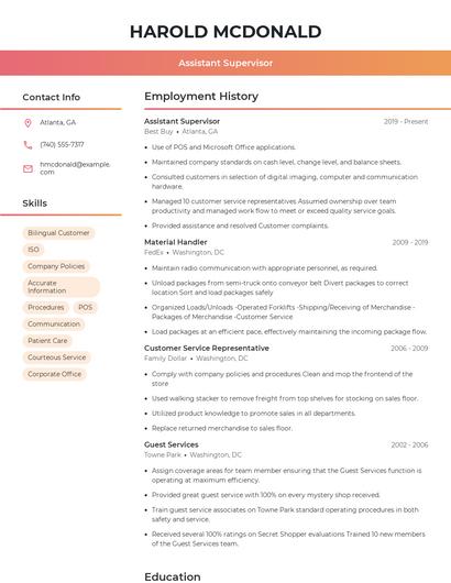 Assistant Supervisor Resume