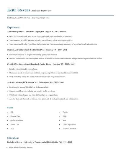Assistant Supervisor Resume