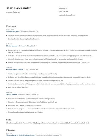 Assistant Supervisor Resume