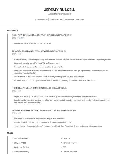 Assistant Supervisor Resume
