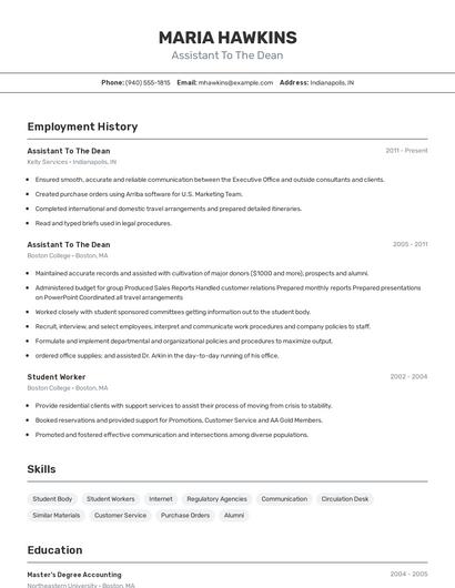 Assistant To The Dean Resume