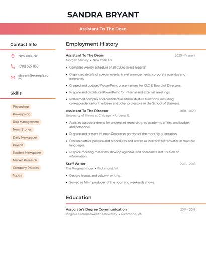 Assistant To The Dean Resume