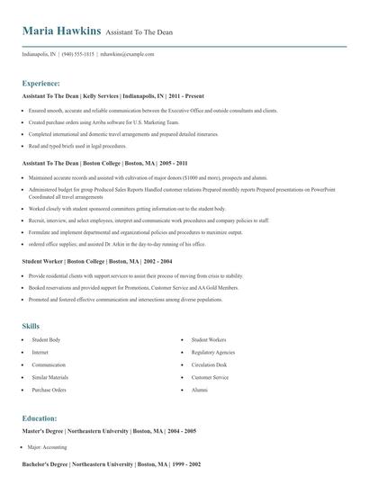 Assistant To The Dean Resume