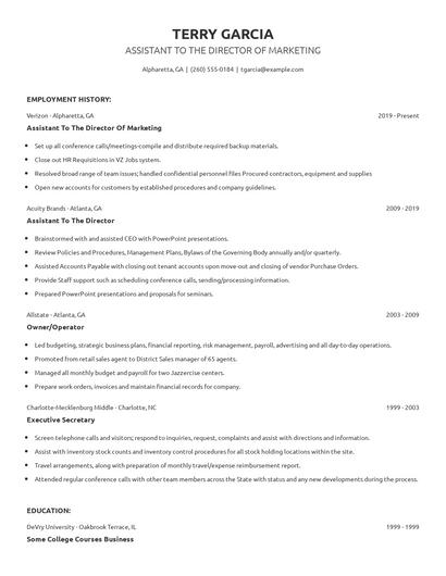 Assistant To The Director Of Marketing Resume