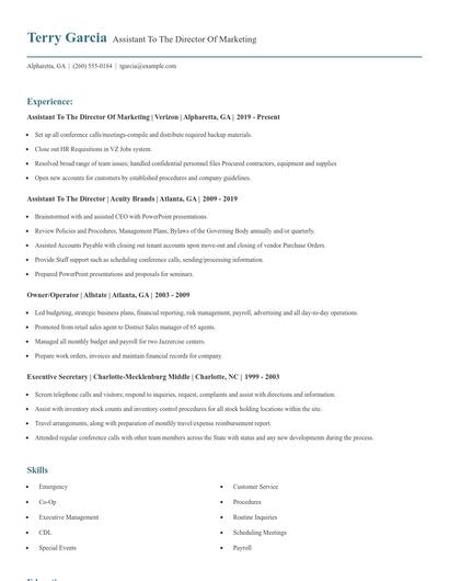 Assistant To The Director Of Marketing Resume