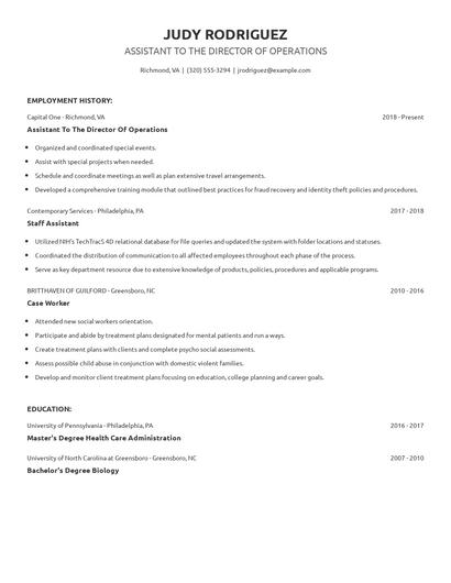 Assistant To The Director Of Operations Resume