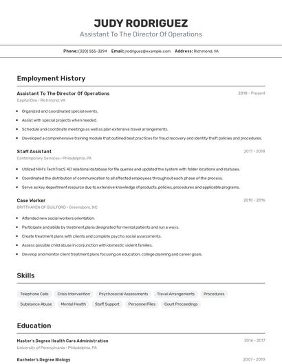 Assistant To The Director Of Operations Resume