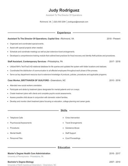Assistant To The Director Of Operations Resume