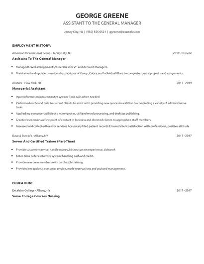 Assistant To The General Manager Resume