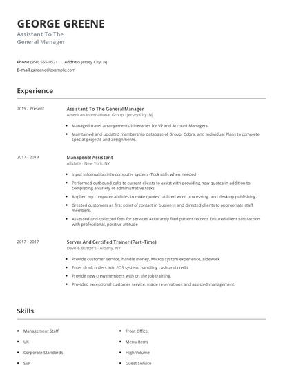 Assistant To The General Manager Resume