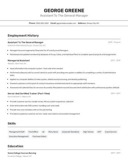 Assistant To The General Manager Resume