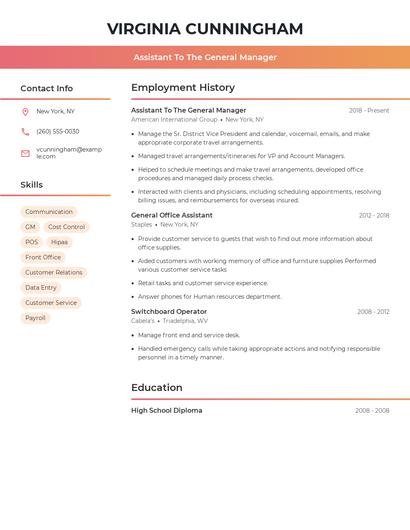 Assistant To The General Manager Resume