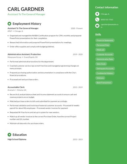 Assistant To The General Manager Resume