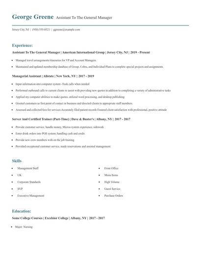 Assistant To The General Manager Resume