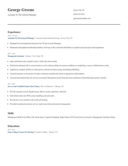 Assistant To The General Manager Resume