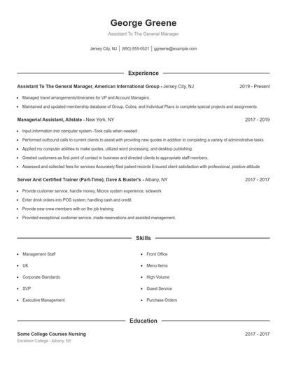 Assistant To The General Manager Resume