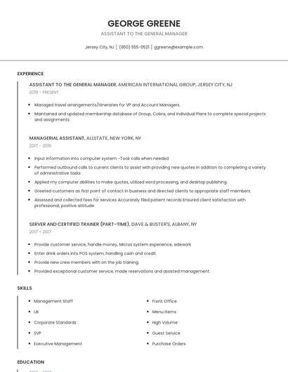 Assistant To The General Manager Resume
