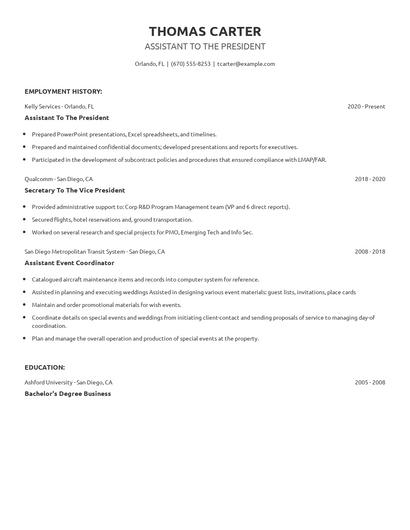 Assistant To The President Resume